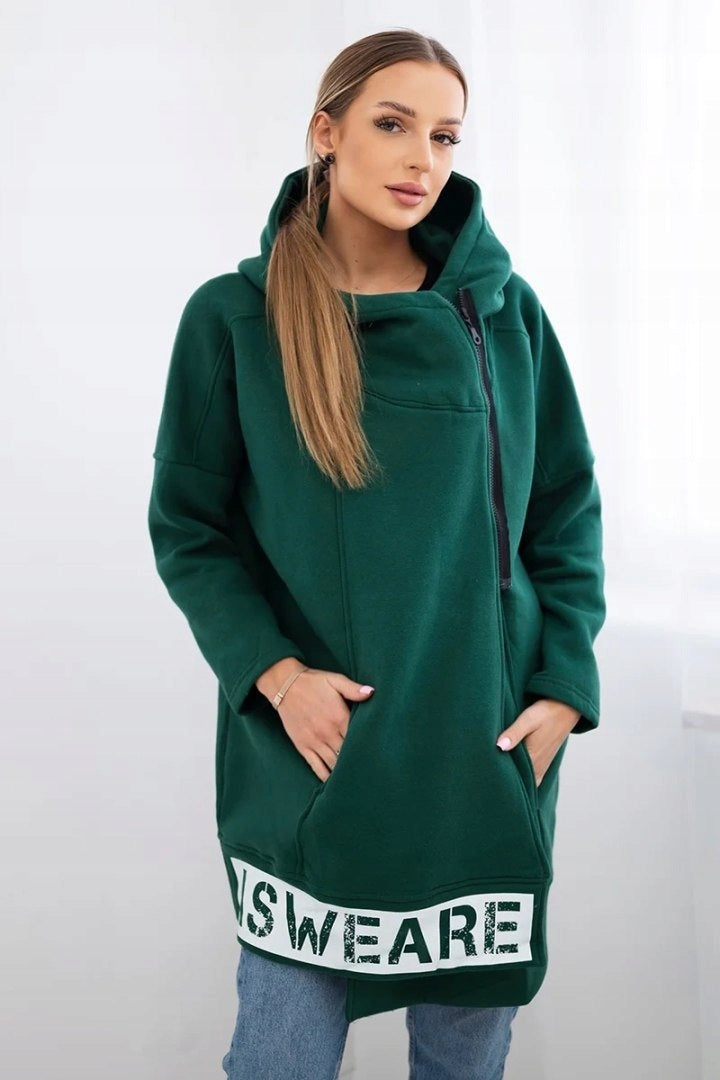 Drune | Reißverschluss Bedrucktes Logo Lockere mittellange Kapuzenfleecejacke