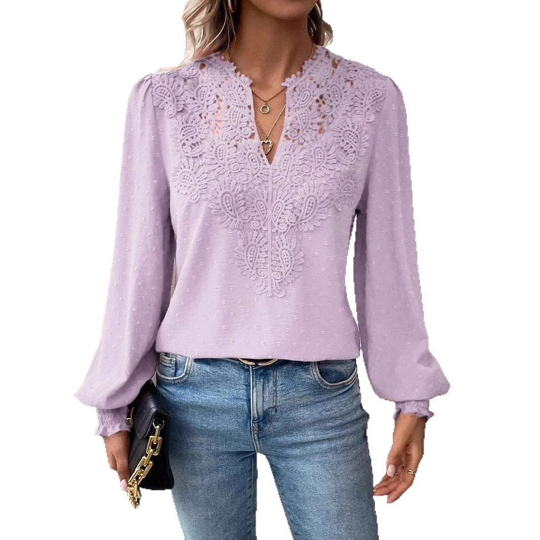 Damen nan Spitzenapplikation V-Ausschnitt Bluse mit Strukturpunkt, gerafften Manschetten und leicht taillierter Silhouette Drune