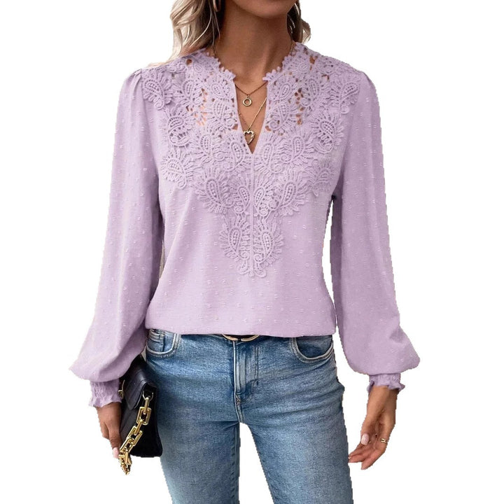 Damen nan Spitzenapplikation V-Ausschnitt Bluse mit Strukturpunkt, gerafften Manschetten und leicht taillierter Silhouette Drune