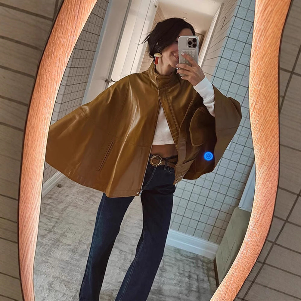 Damen Cape-Ärmige Lederjacke mit Stehkragen Drune