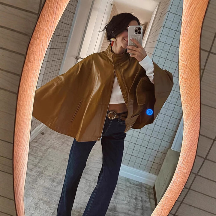 Damen Cape-Ärmige Lederjacke mit Stehkragen Drune