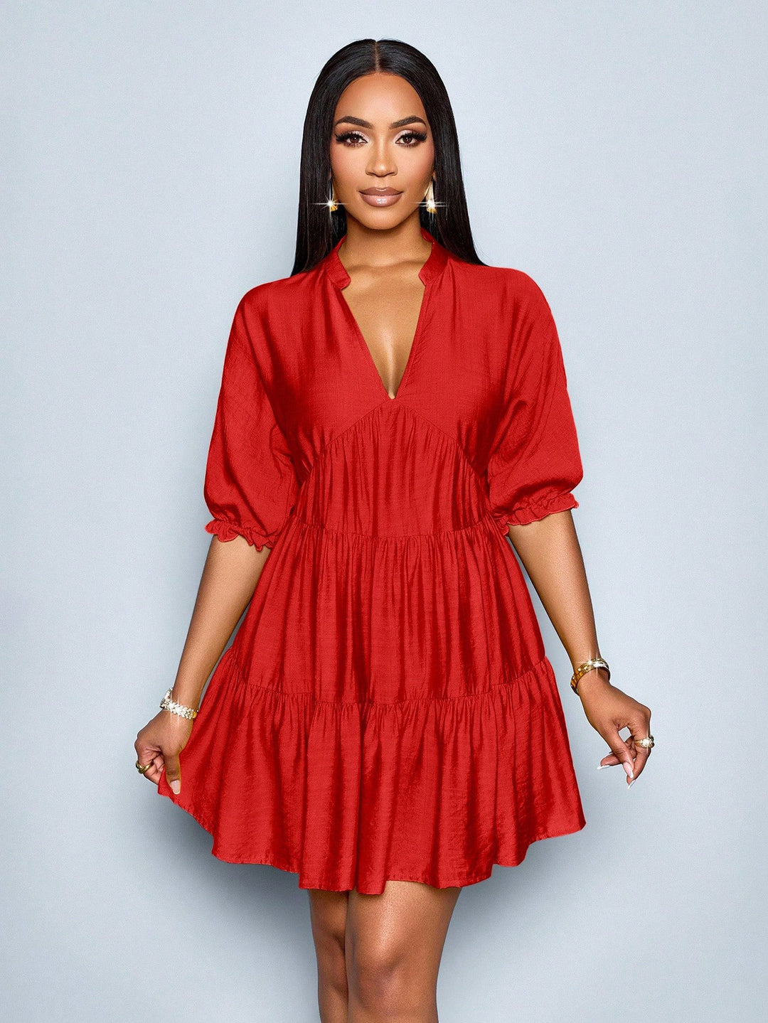Damen Stufiges Mini‑Kleid mit V‑Ausschnitt und gerafften Dreiviertelärmeln Drune