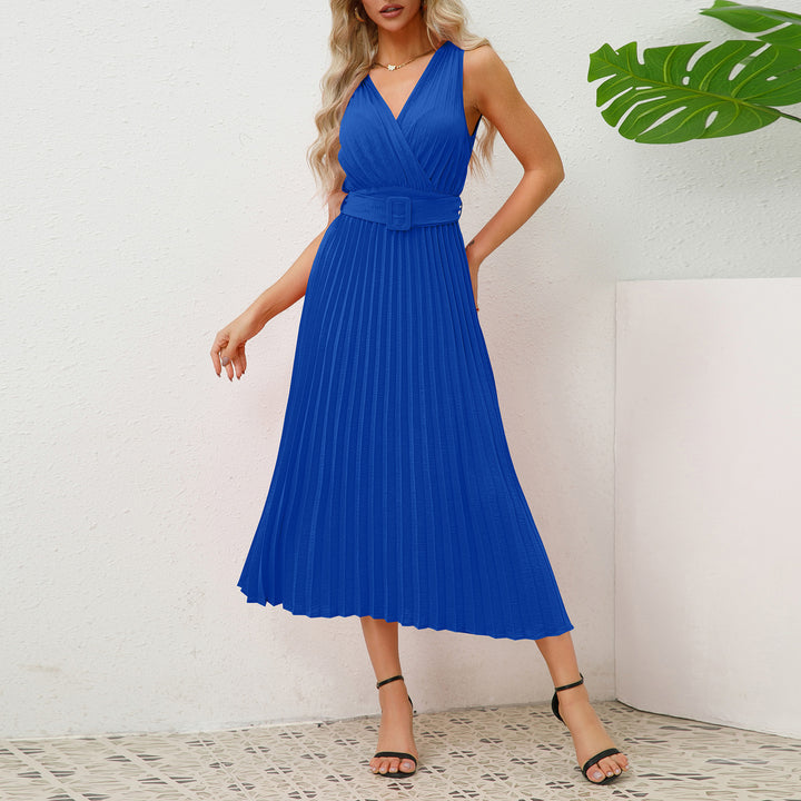Damen Plissee Maxikleid mit taillierbarem Gürtel und elegantem V-Ausschnitt Drune