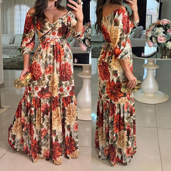 Damen Maxikleid mit V-Ausschnitt und Rüschendetails Drune