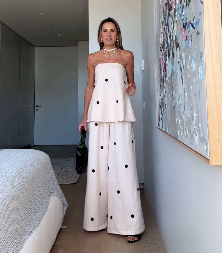 Damen nan zweiteiliges Bandeau-Ensemble mit verlängertem Top und bodenlanger Marlenehose Drune