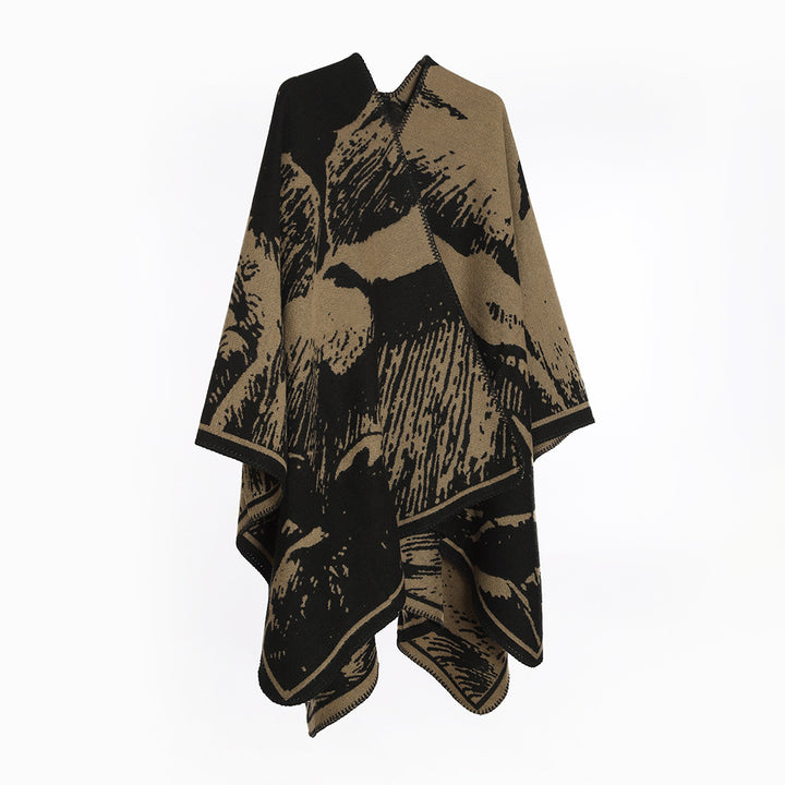 Damen Oversize‑Jacquard‑Cape mit abstraktem Naturmotiv und Kettelkante Drune