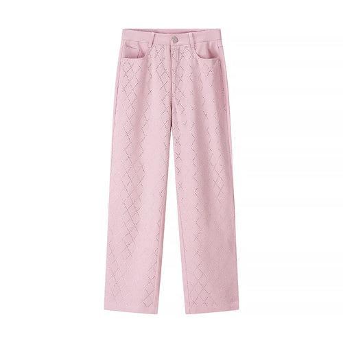 Damen nan hochtaillierte Straight‑Leg Hose mit Diamant‑Perforation und Eingrifftaschen Drune