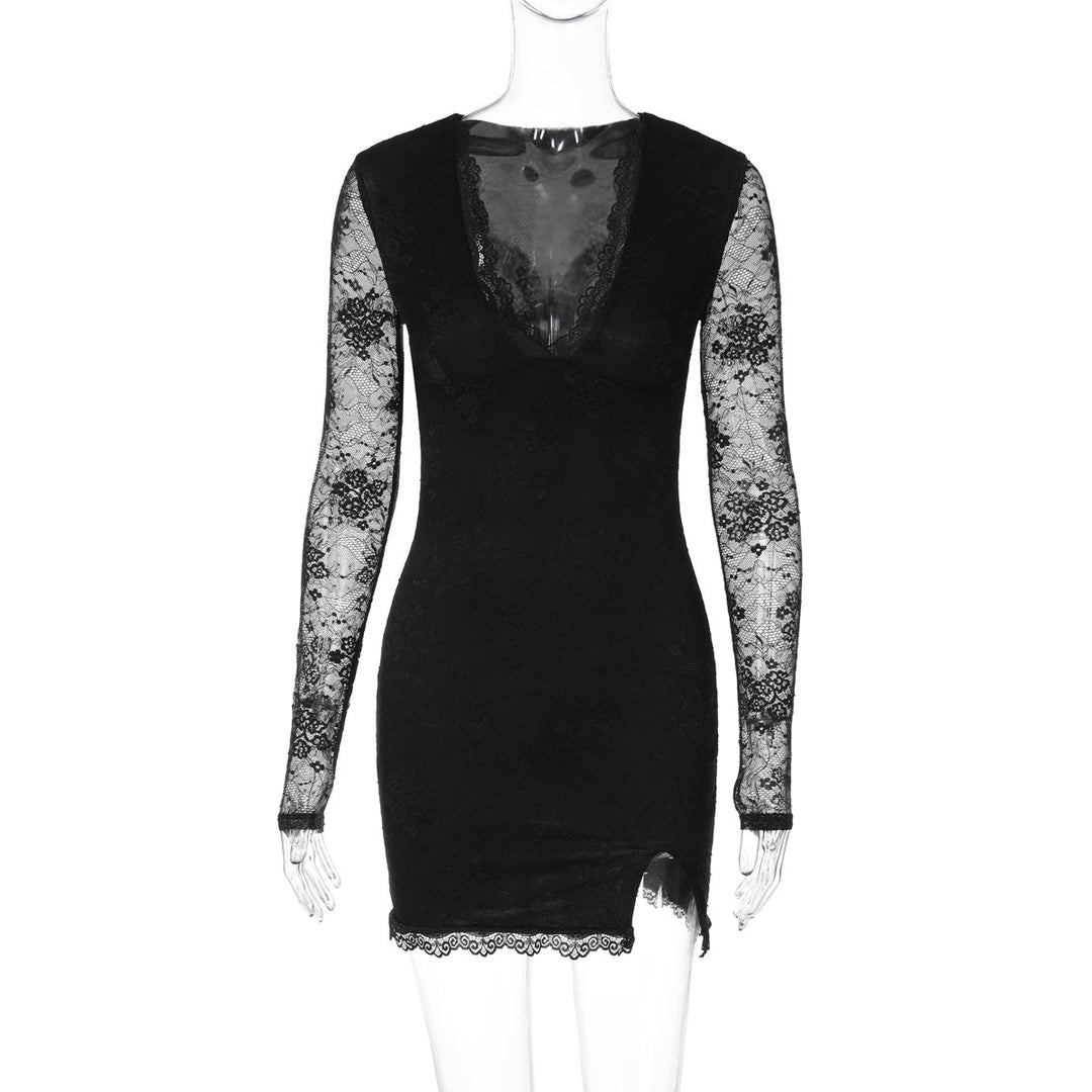 Damen Elegantes Spitzenkleid mit tiefem V-Ausschnitt und langen Ärmeln Drune