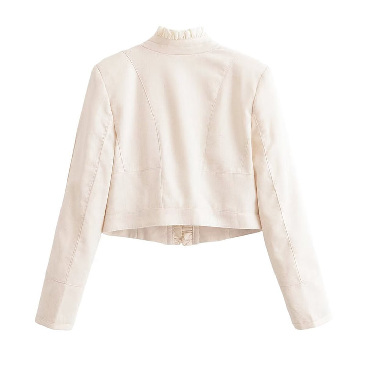 Damen Cropped Jacke mit Rüschenfront, Stehkragen und Zierknopfleiste Drune