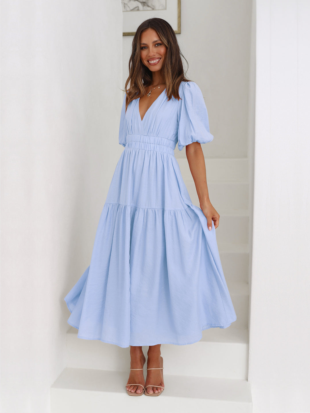 Damen Maxikleid mit tiefem V-Ausschnitt und voluminösen Puffärmeln Drune