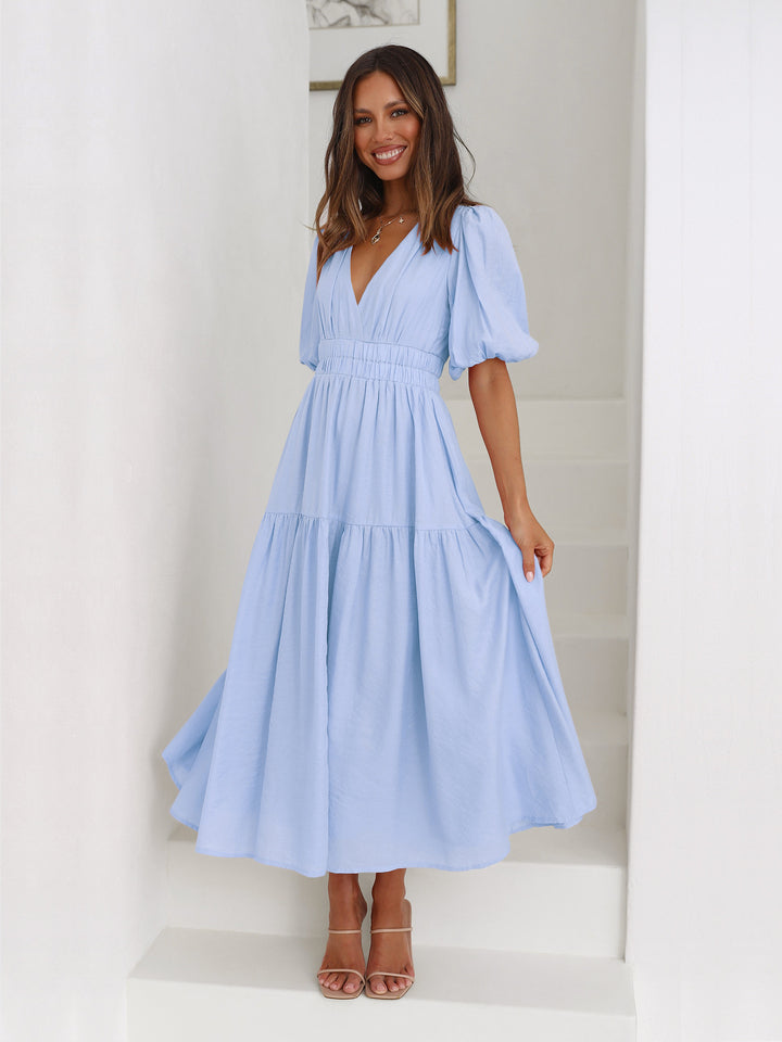 Damen Maxikleid mit tiefem V-Ausschnitt und voluminösen Puffärmeln Drune