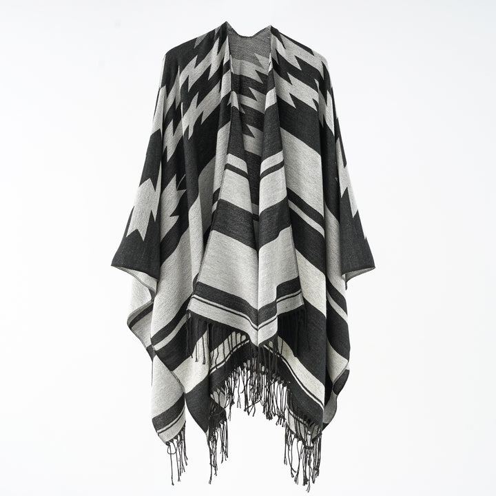Damen Langer Reversfreier Webponcho im Umhangstil mit dezentem Zackenmuster und Fransensaum Drune