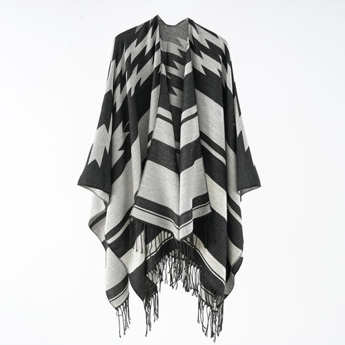 Damen Langer Reversfreier Webponcho im Umhangstil mit dezentem Zackenmuster und Fransensaum Drune
