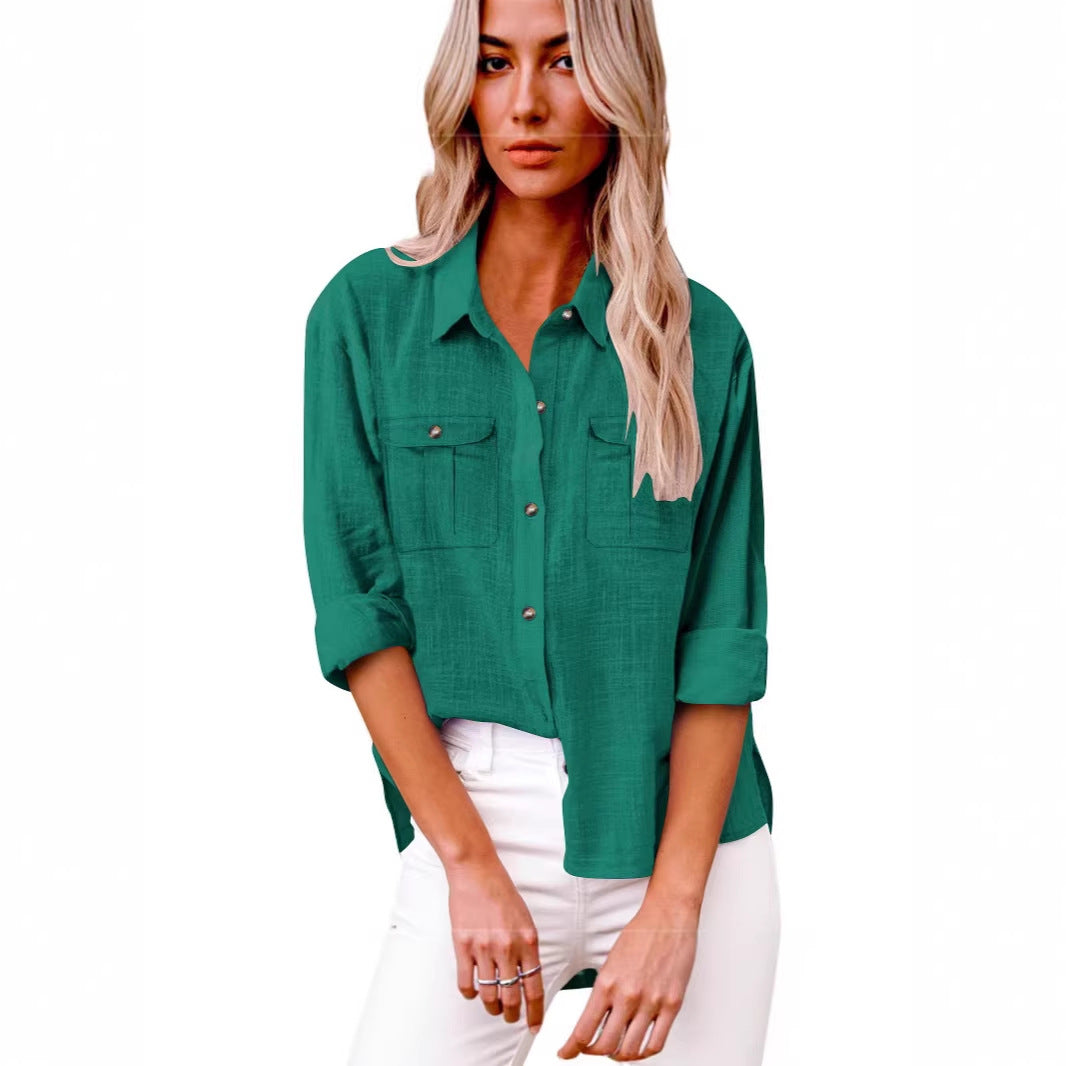 Damen Leichte Oversize-Hemdbluse aus Baumwollmischung mit Brusttaschen Drune