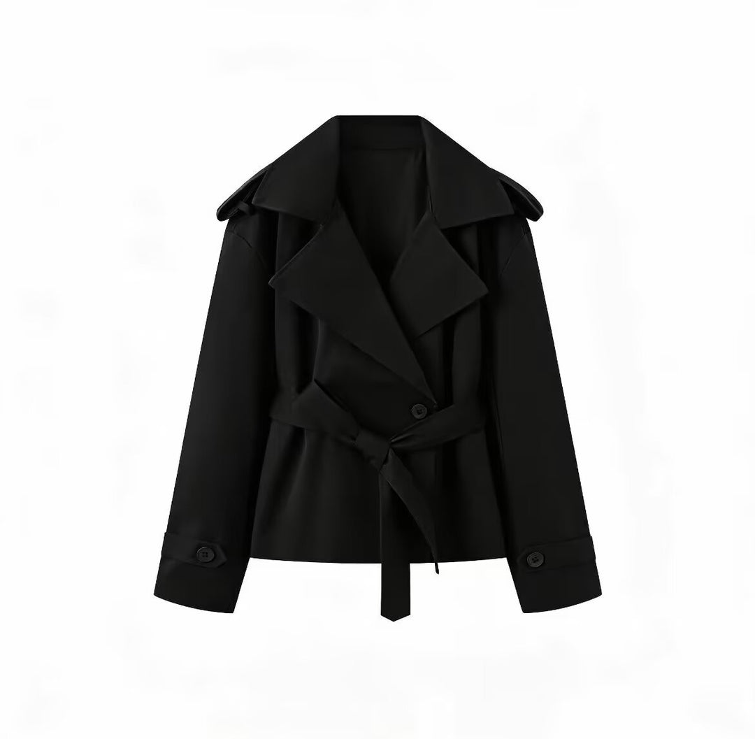 Damen Kurz geschnittener doppeltreihiger Trenchcoat mit Taillengürtel und Schulterklappen Drune