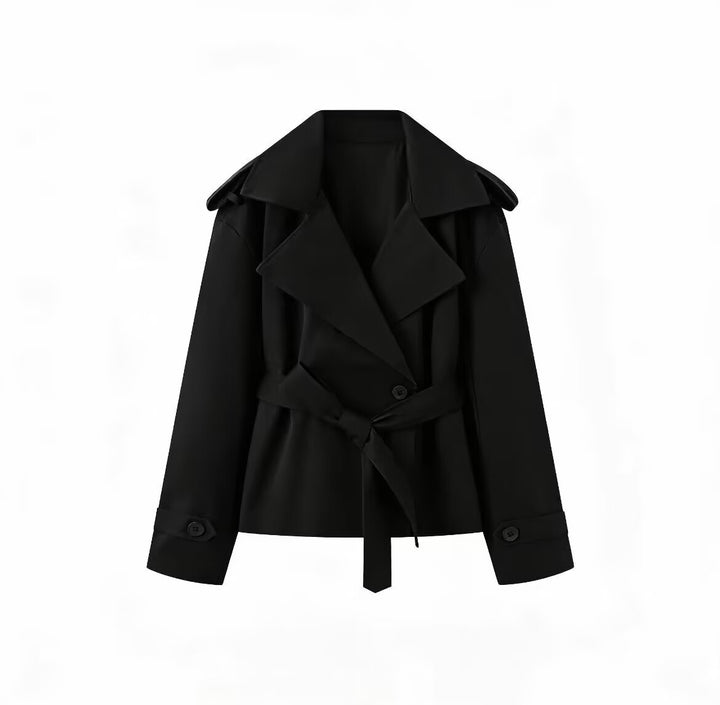 Damen Kurz geschnittener doppeltreihiger Trenchcoat mit Taillengürtel und Schulterklappen Drune