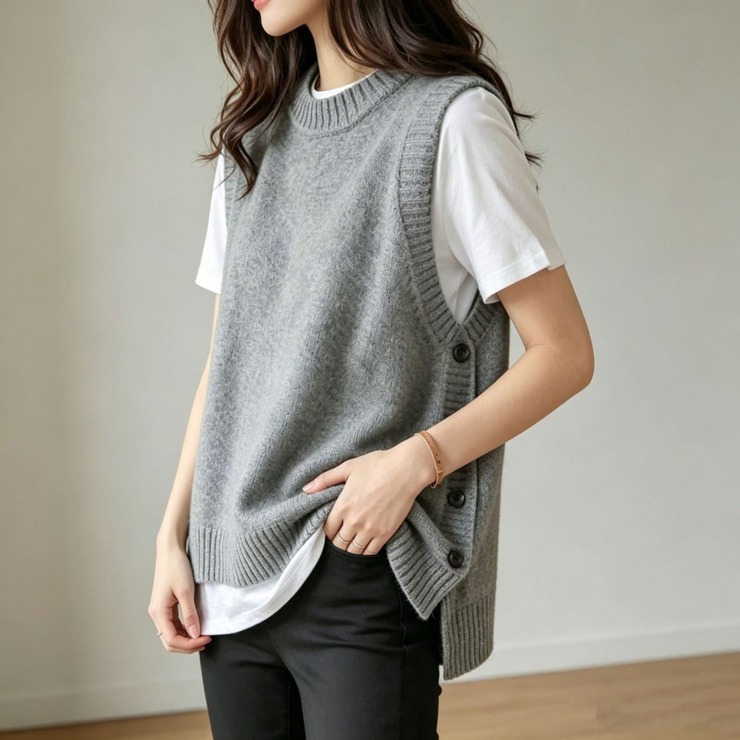 Damen Strickweste mit seitlichen Knopfleisten und Rundhalsausschnitt Drune