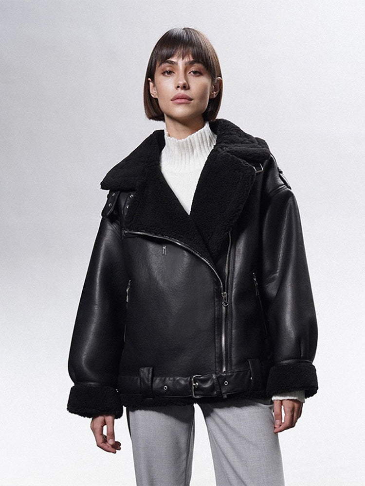 Damen Oversized Bikerjacke mit Teddyfell-Futter und verstellbaren Gürteln Drune