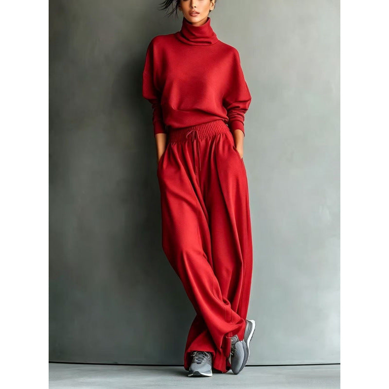 Damen Strick-Loungewear-Set mit Rollkragen und weiten Palazzo-Hosen Drune