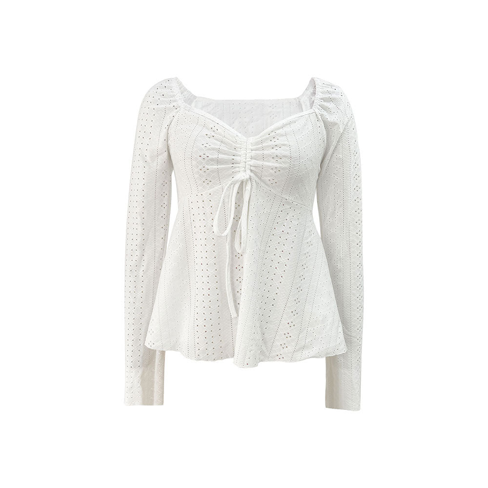 Damen besticktes Broderie-Anglaise Langarm-Top mit Raffung, V‑Ausschnitt‑Effekt und tailliertem Schößchen Drune