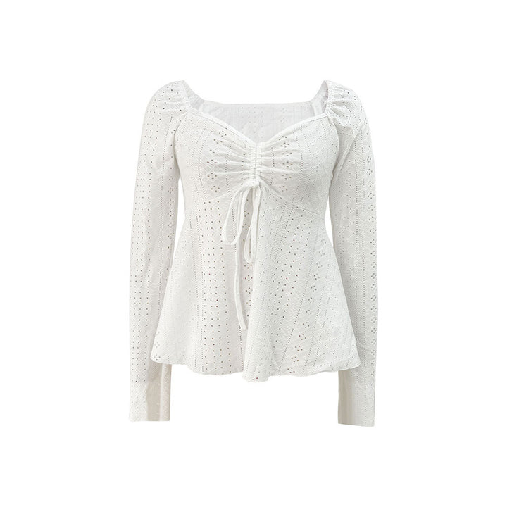 Damen besticktes Broderie-Anglaise Langarm-Top mit Raffung, V‑Ausschnitt‑Effekt und tailliertem Schößchen Drune