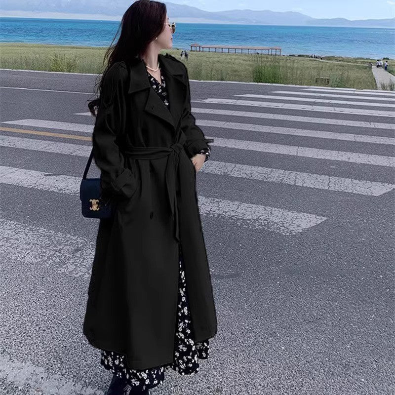 Damen Langer Oversize-Trenchcoat mit Ballonärmeln und Bindegürtel Drune