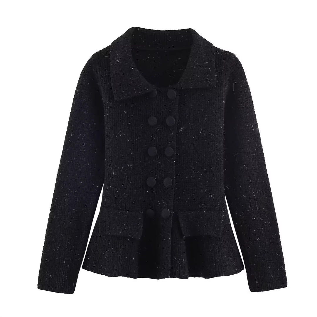 Damen Strukturierte Strickjacke mit Doppelreiher, taillenbetontem Peplum und Pattentaschen Drune