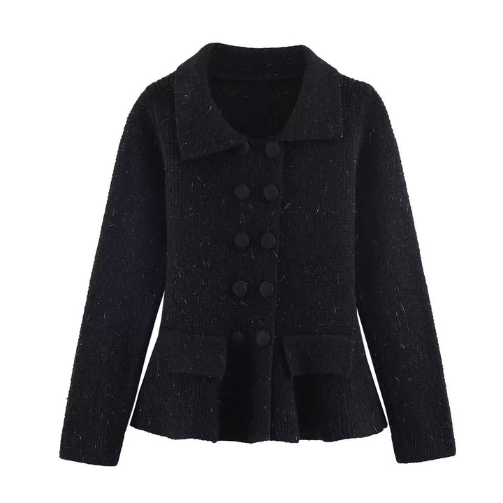 Damen Strukturierte Strickjacke mit Doppelreiher, taillenbetontem Peplum und Pattentaschen Drune