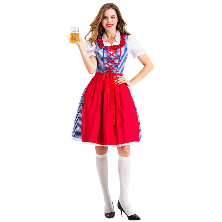 Damen nan Karo-Dirndl mit geschnürter Miederfront, Rüschenkragen und taillierter Schürze Drune