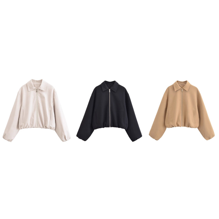 Damen Cropped Bomberjacke mit Ballonärmeln, Stehkragen und elastischem Saum Drune