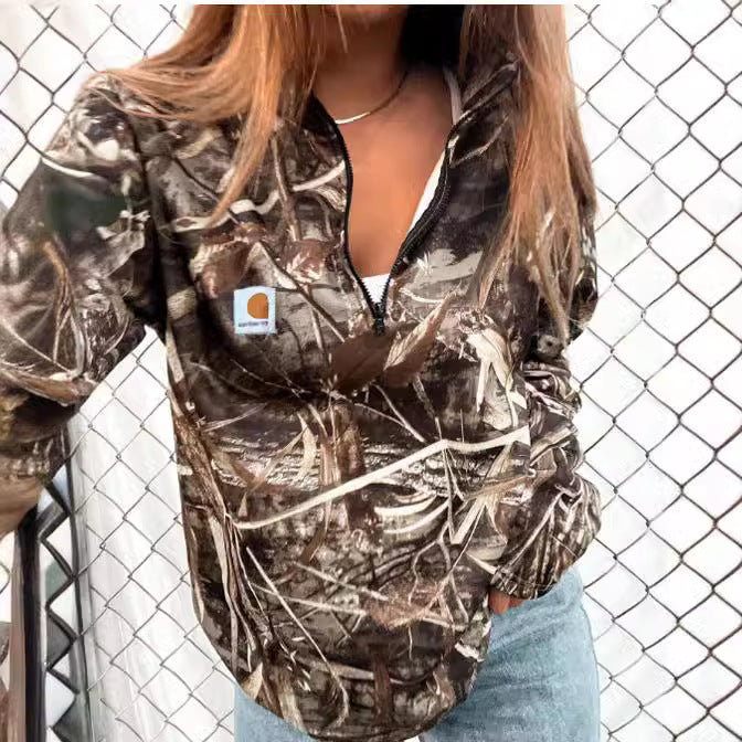 Damen Camouflage Halblang-Reißverschluss Fleece-Sweatshirt mit Kapuze und Kängurutasche Drune