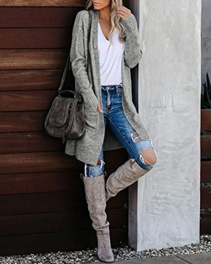 Damen Langer Strickcardigan mit offener Vorderseite und kuscheliger Textur Drune