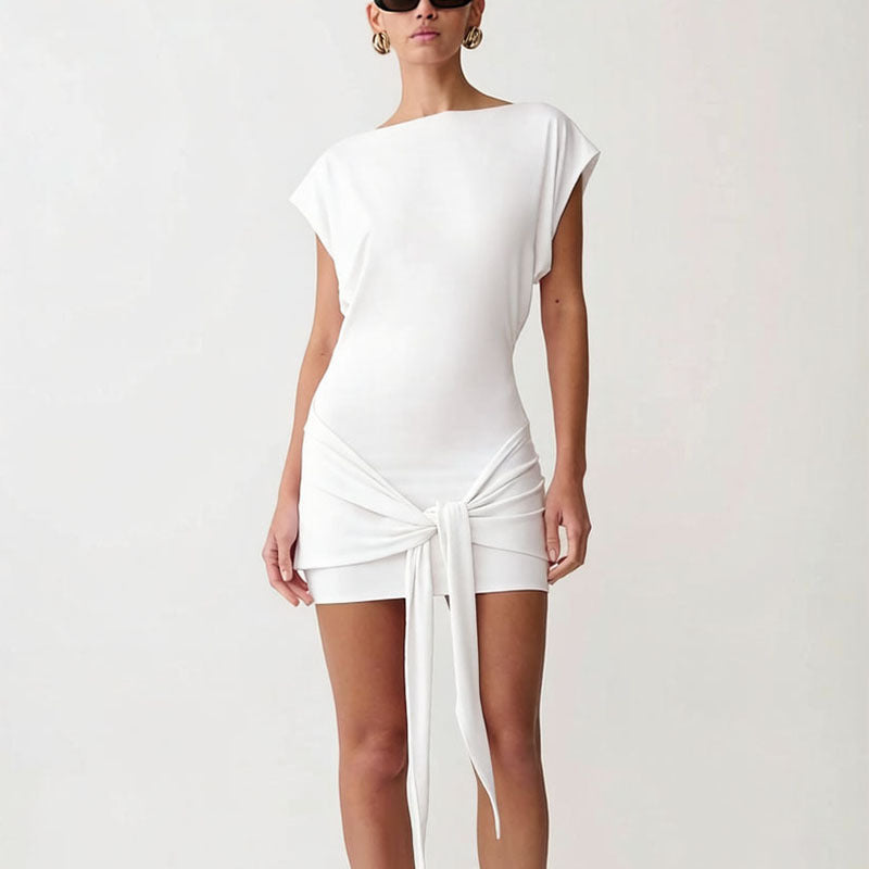 Damen Raffiniertes Minikleid mit angeschnittenem Ausschnitt und seitlichem Knoten Drune