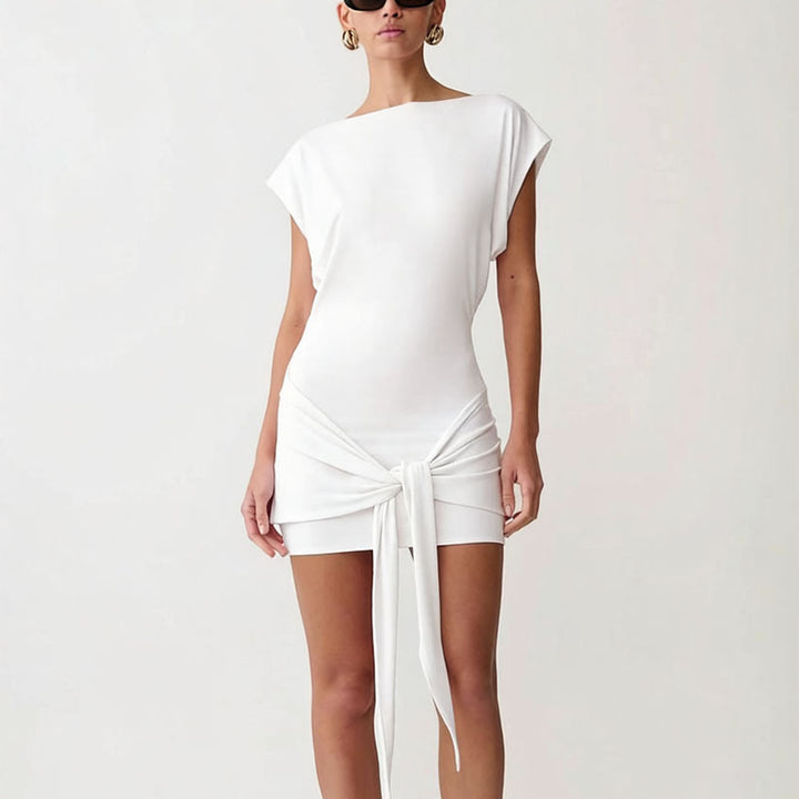 Damen Raffiniertes Minikleid mit angeschnittenem Ausschnitt und seitlichem Knoten Drune