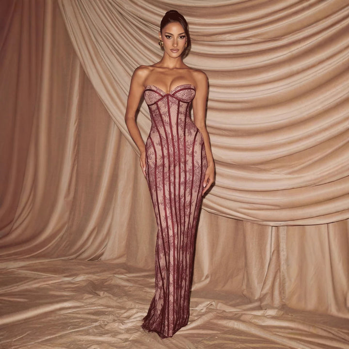 Damen figurbetontes Spitzenkleid mit Bustier-Oberteil und eleganten Details Drune