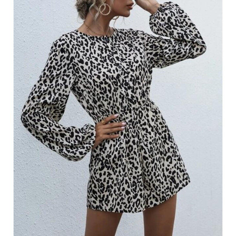Damen Modisches Kurzarm-Kleid mit eleganten Puffärmeln und animalischem Druck Drune