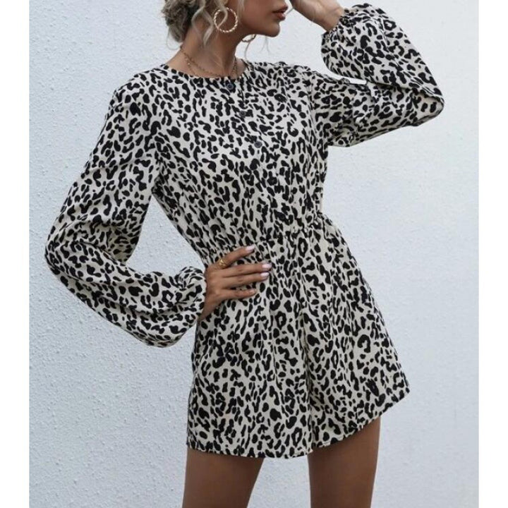 Damen Modisches Kurzarm-Kleid mit eleganten Puffärmeln und animalischem Druck Drune