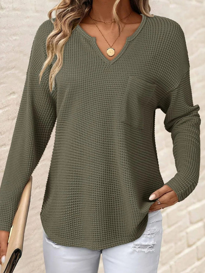 Damen Waffelstrick-Longsleeve mit V-Notch, Brusttasche und legerer Oversize-Passform Drune