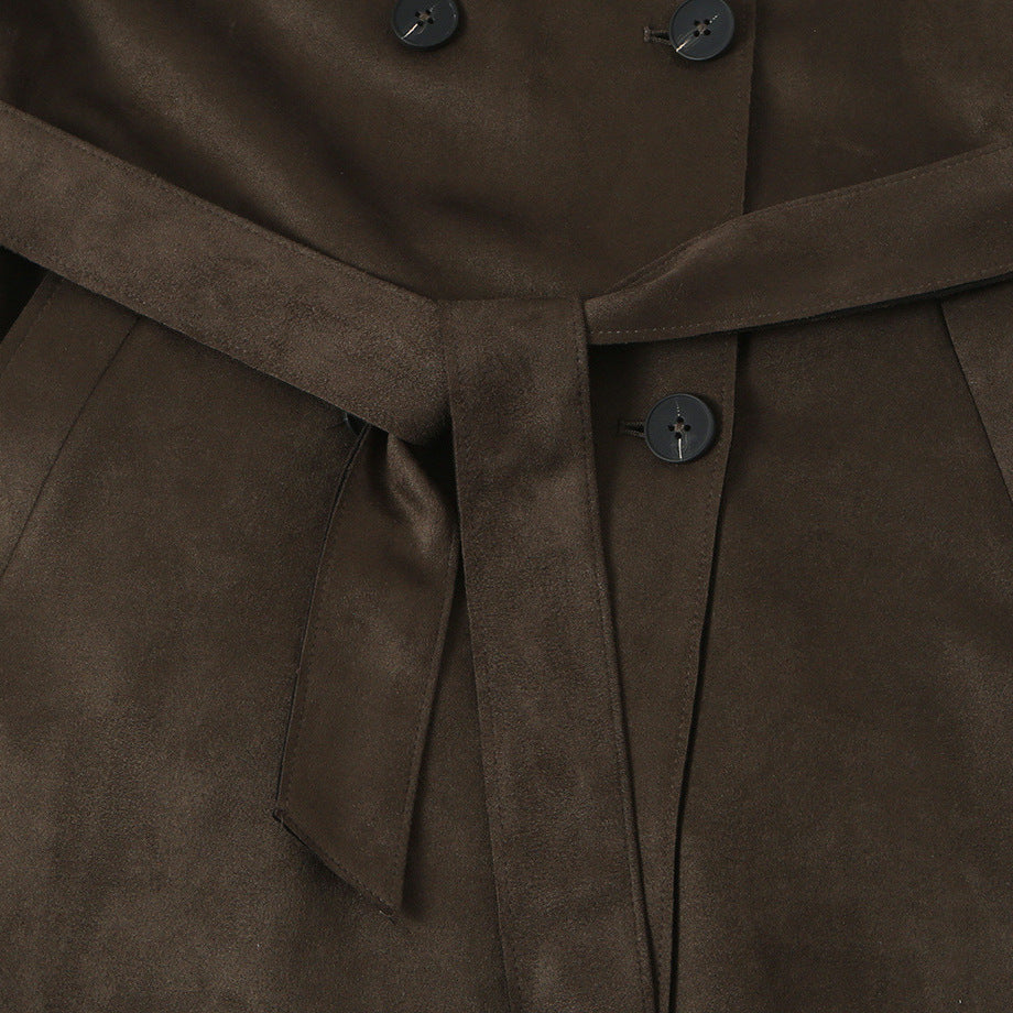Damen Lang geschnittener Trenchcoat aus Velourslederoptik mit Bindegürtel Drune