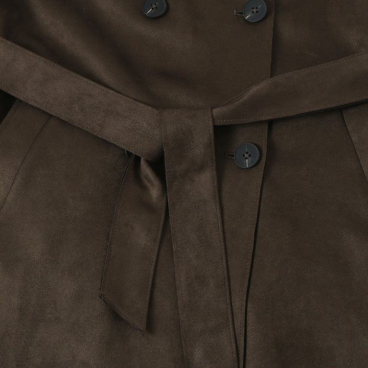 Damen Lang geschnittener Trenchcoat aus Velourslederoptik mit Bindegürtel Drune