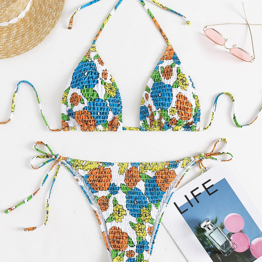 Damen Triangel-Bikini mit buntem Floral-Muster und elastischen Bindebändern Drune