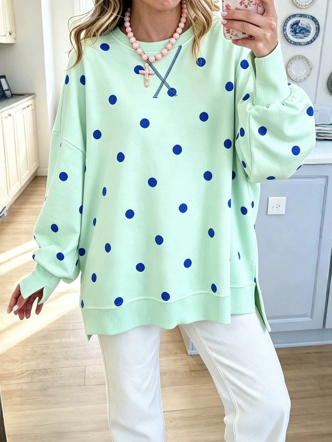 Damen Oversize-Sweatshirt mit Polka-Dot-Print und Ballonärmeln Drune