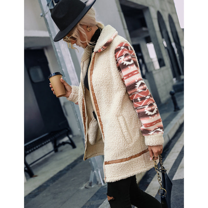 Damen Fleecefutter lange Jacke mit modischem Muster und praktisch integrierten Taschen Drune