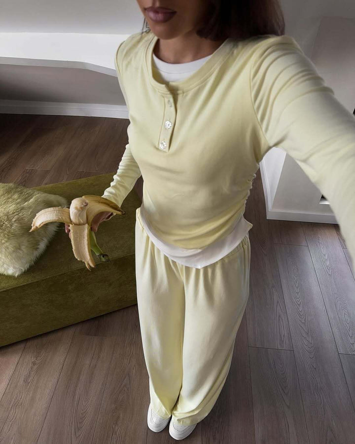 Damen Loungewear-Set aus weichem Modal mit Henley-Knopfleiste und weitem High-Waist Jogger Drune