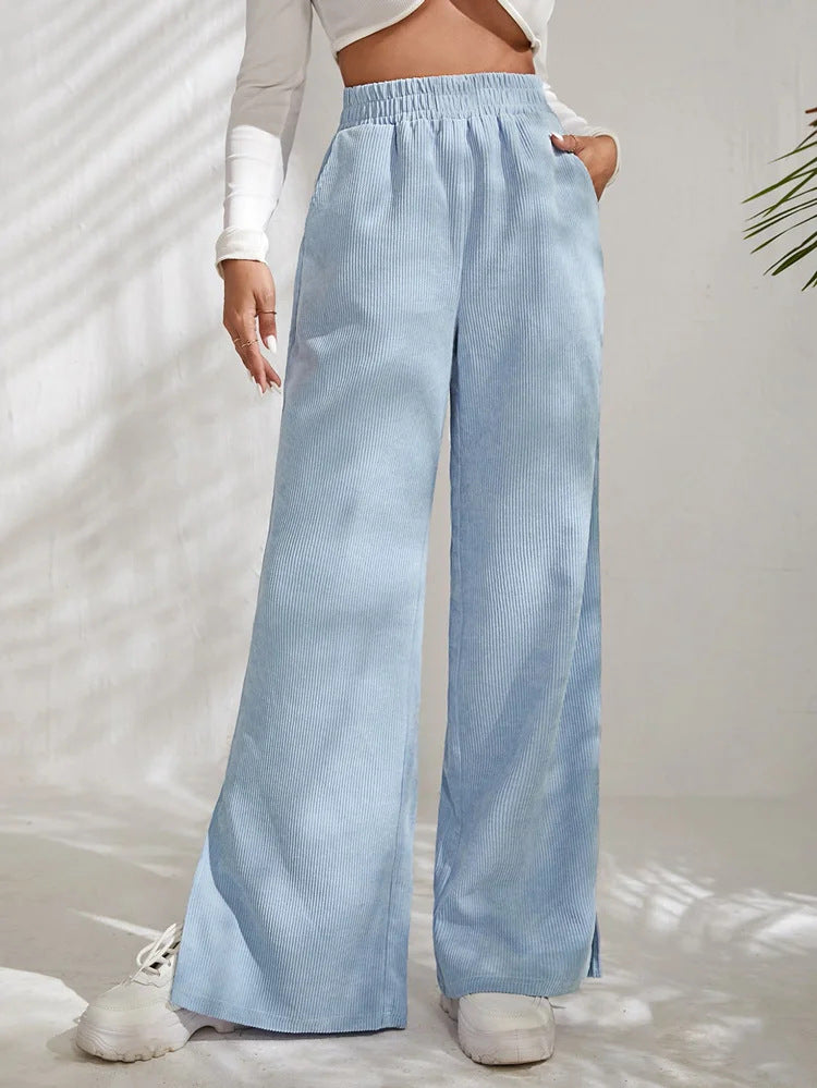 Damen Weite Cord-Hose mit elastischem Bund und seitlichen Schlitzen Drune