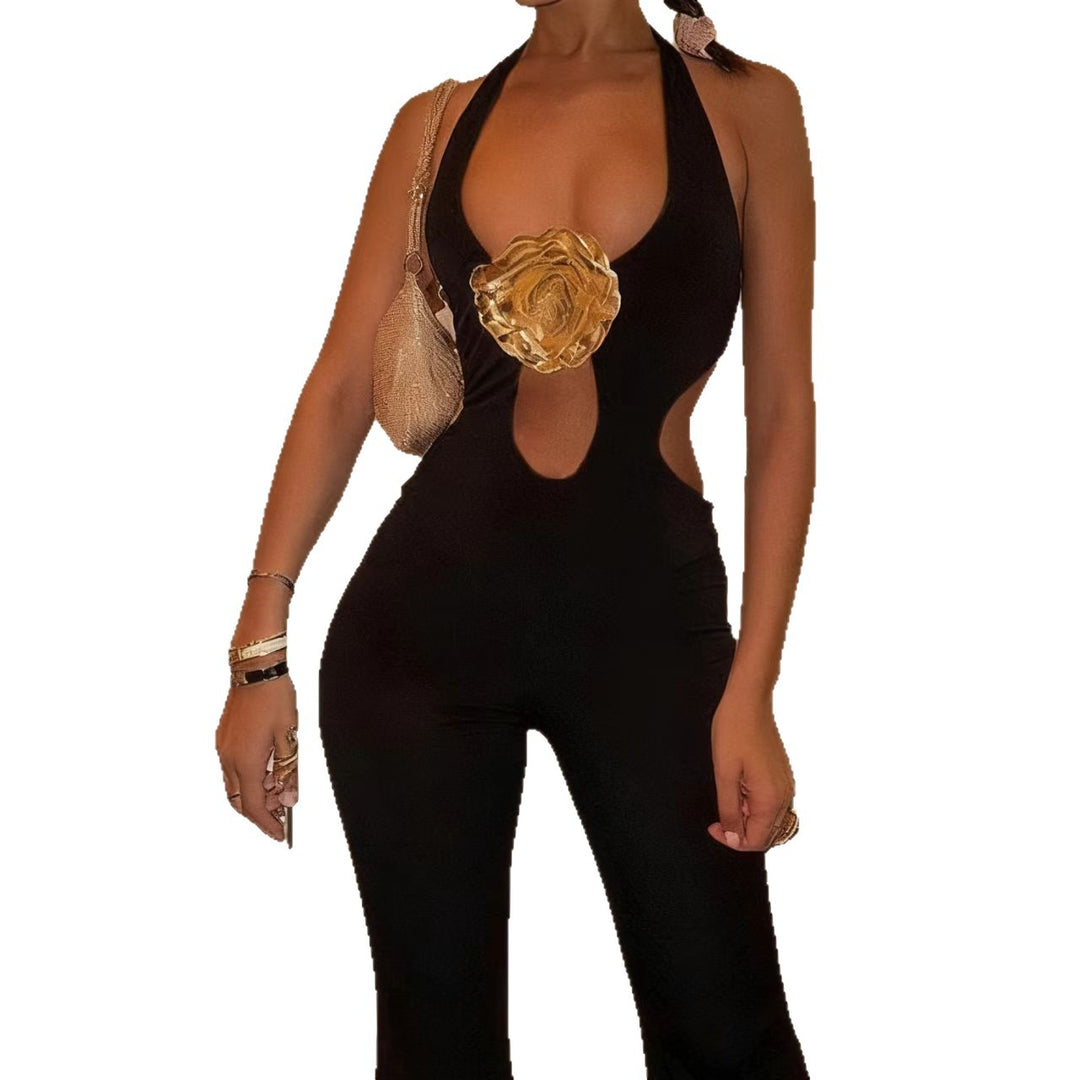 Damen Eleganter Jumpsuit mit ausgefallenem Cut-Out-Design und hohem Kragen Drune
