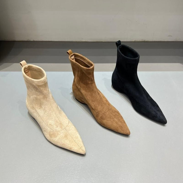 Damen spitz zulaufende Sock‑Stiefeletten aus Velourslederoptik mit engem Schaft Drune