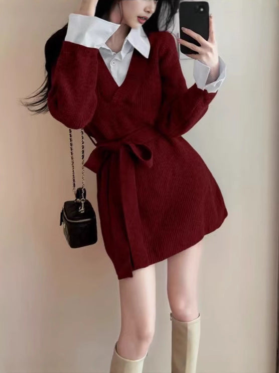 Damen elegantes Strickkleid mit tailliertem Gürtel und ausgefallenem Kragen Drune