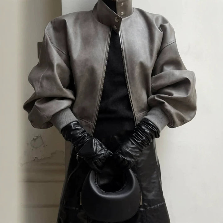Damen Kurzer Oversize‑Lederimitat‑Bomber mit hohem Stehkragen und Druckknopfdetails Drune