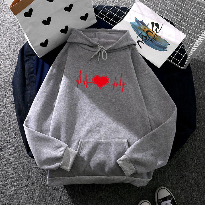 Unisex nan oversized Kapuzenpullover mit Herz-EKG-Print und Kängurutasche Drune